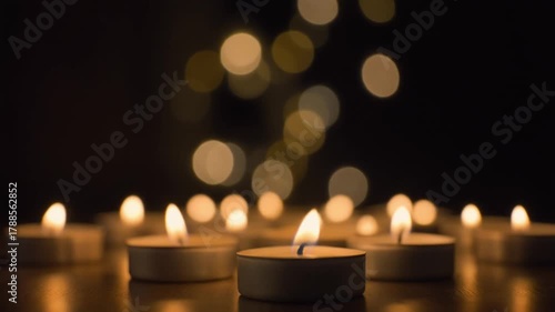 Softly glowing tea light candles create a warm and inviting atmosphere with bokeh lights in the background, 4k video