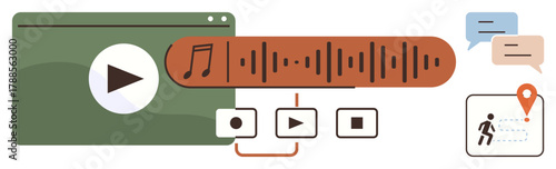 Media player screen, audio waveform, playback buttons, chat bubbles, and location pin for multimedia sharing. Ideal for technology, communication, streaming, interface design location tracking