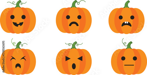 Cartoon pumpkins with expressive carved faces, vector illustration for Halloween emotion theme, festive decoration, and editorial seasonal content