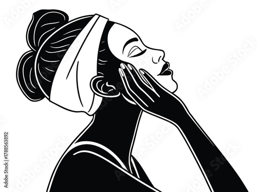 Black and white illustration of woman applying skincare