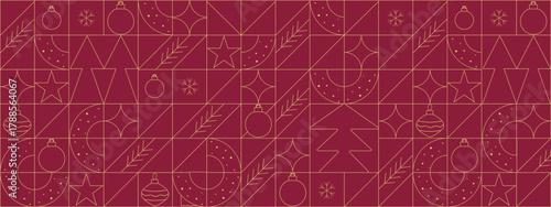 Modern Geometric Christmas Pattern with Ornaments and Snowflakes. Festive Line Art Christmas Elements. Minimalist Christmas Holiday Icons Collection