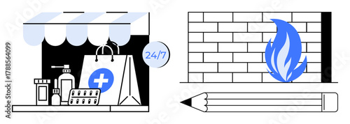 Pharmacy storefront with medicine supplies and a creative pencil next to a wall with blue flame. Ideal for healthcare, creativity, pharmacy design, emergency, art, medical services, simple flat
