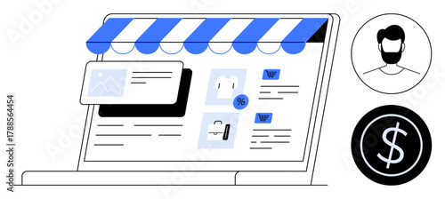 Laptop screen showcasing online store interface with product details, shopping cart icons, and discount symbol. User profile and dollar sign nearby. Ideal for ecommerce, retail, shopping, marketing