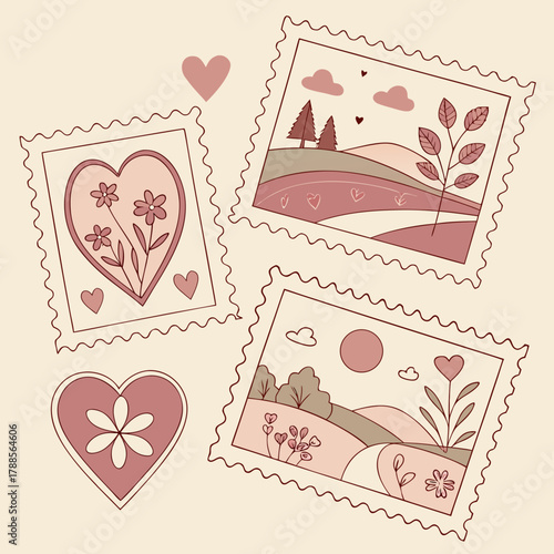 Charming vintage postcards featuring hearts and nature scenes