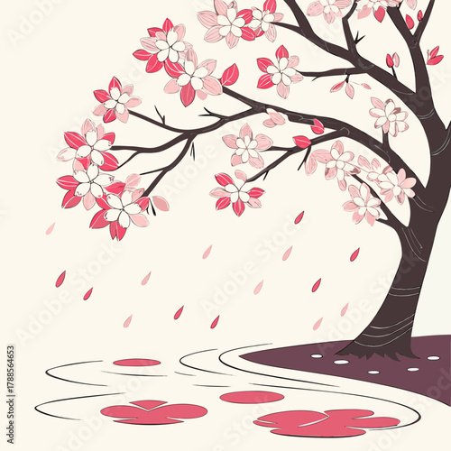 Cherry blossom tree blooms over reflecting water