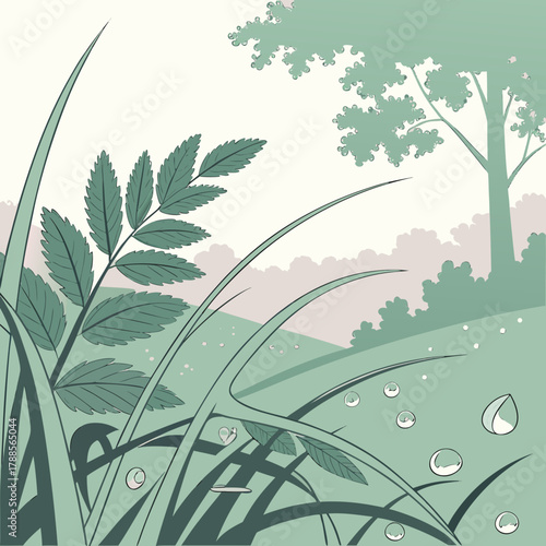 Dewdrops on grass and leaves in a serene landscape