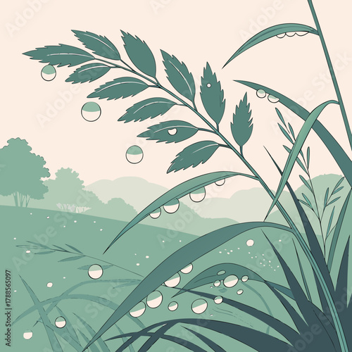 Dewdrops on grass blades in a serene landscape