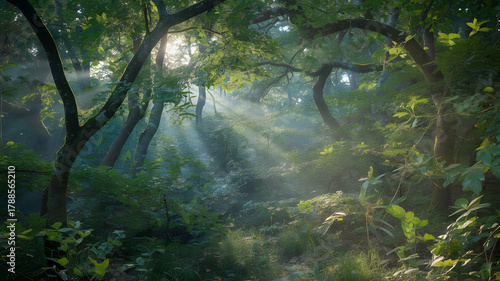 Sun rays filtering through foliage in tranquil green forest scene