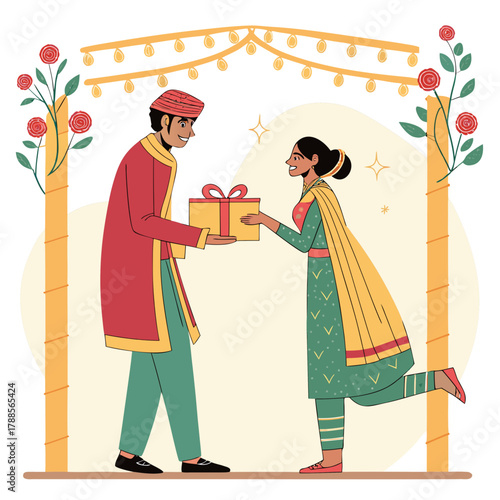 Man gifts woman a present under festive lights and roses