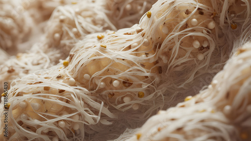 Close up of beige fiber texture with white and brown granules