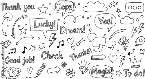 Doodle Elements Black and White Set, Arrows, Speech Bubbles, Flowers and Motivational Text