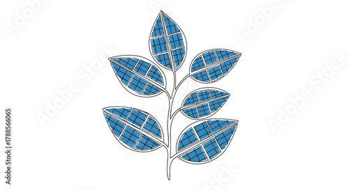 Solar panels shaped like leaves single line drawing filled with photovoltaic blue, innovative mood, biomimicry in energy concept