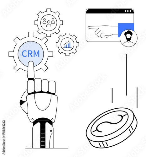 Robotic hand activating CRM gears, user profile, growth chart, digital interface, and financial coin drop. Ideal for AI, automation, technology CRM finance optimization futurism. Simple flat