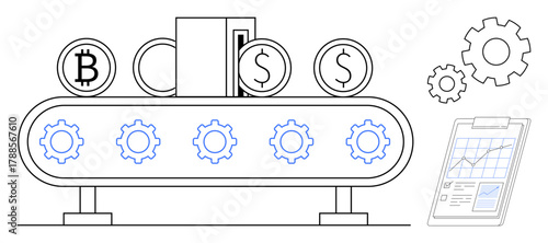 Conveyor belt carrying Bitcoin and Dollar coins with gears, clipboard displaying financial data, and analytics. Ideal for fintech, automation, cryptocurrency, productivity, investment, workflow