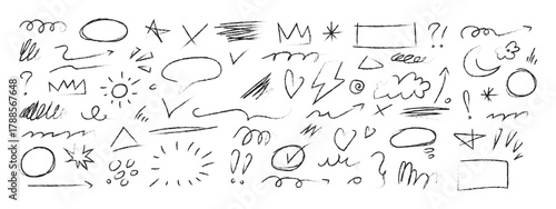 Pencil crayon line element icon vector. Hand drawn scribble chalk pencil stroke colorful swirl, flower, cloud and arrow shape symbol. vector illustration.