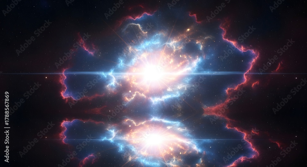 Fototapeta premium Abstract scientific background two bright glowing lights with nebulae clouds and stardust in space