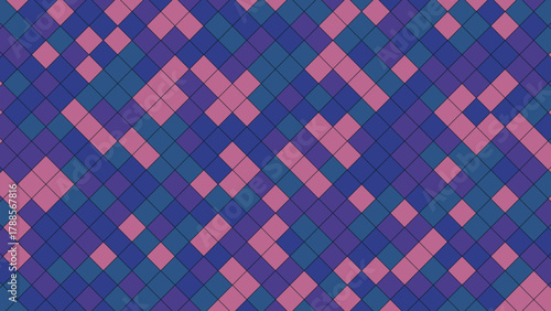 Geometric mosaic pattern in shades of blue and pink, creating a vibrant and abstract background.