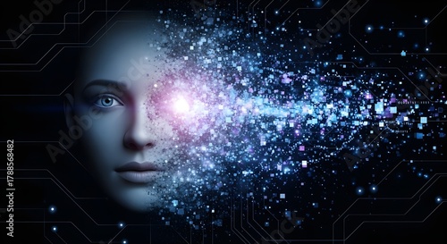 AI Face Dissolving into Data Stream with Circuit Board Lines on Dark Background