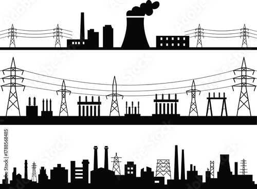 Industrial power plant and electrical substation silhouette with high voltage transmission towers, energy infrastructure illustration for utility and engineering design