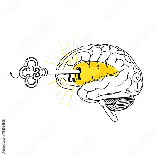 Key unlocking human brain, single-line art with golden yellow fill, concept of insight and unlocking potential