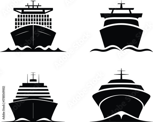 Set of front-view ship silhouettes including cargo container ship and cruise vessels sailing on ocean waves for maritime transport illustration