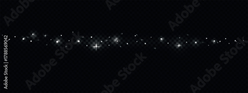 Glimmer magic dust with light flares. Silver stars with twinkle particles isolated on transparent backdrop