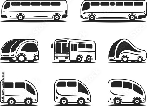 Set of modern and classic bus silhouettes including city buses, minibuses and futuristic transport vehicle designs for transportation illustration