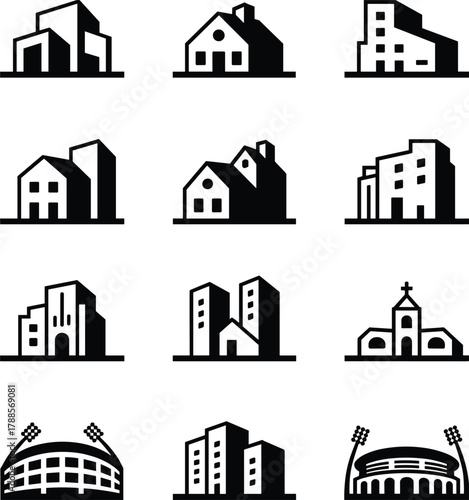 Set of modern residential and commercial building silhouettes, architectural house icons, city urban infrastructure structures, real estate and property design collection