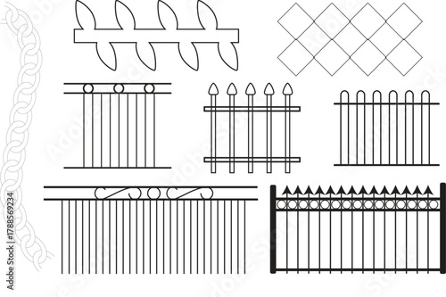 Wrought Iron Fence, Railing, and Chain Link Vector Set