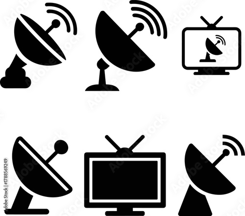 Communication Media Icon Set Satellite Dish TV Monitor Printer Camera Technology Graphic  Satellite Communication TV Printer Camera Black Icons Isolated Technology Graphic Elements
