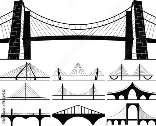 Silhouette collection of modern and classic bridge designs including suspension, cable stayed and arch structures for architecture and engineering illustration