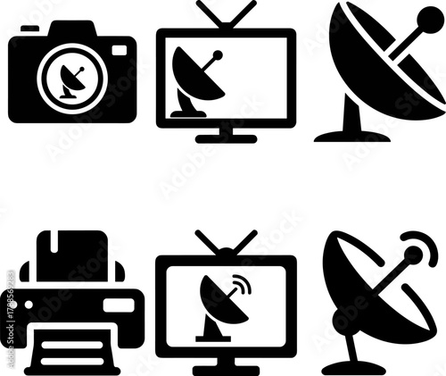 Communication Media Icon Set Satellite Dish TV Monitor Printer Camera Technology Graphic Broadcast And Printing Equipment Vector Black Silhouette Isolated On White Background