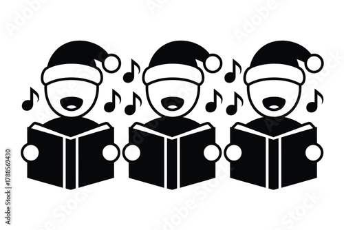 Three stylized figures wearing Santa hats sing from open songbooks with musical notes floating around them.