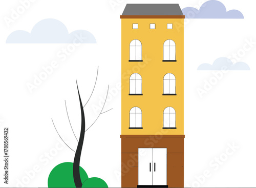 Tall urban apartment building with simple flat design, modern city residential architecture surrounded by clouds and minimal landscape illustration