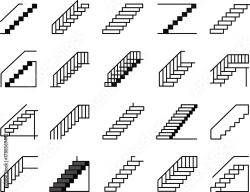 Staircase icon set featuring modern stair designs, handrails, architectural steps, interior construction elements, home remodeling and building layout symbols