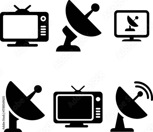 Media And Publishing Icons Set Signal Antenna TV Monitor Printer Photo Camera Digital Camera Television Printer Satellite Dish Technology Icon Set Flat Vector Art