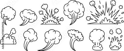 Cartoon explosion smoke set, comic blast effect, vector cloud burst shapes, dynamic energy impact illustration, animation design elements collection