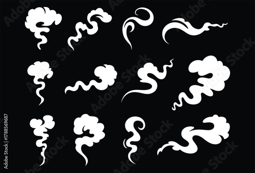 Cartoon smoke cloud collection, vector vapor swirl design, abstract wind and steam illustration, curling smoke shapes, soft vapor effect art, isolated background