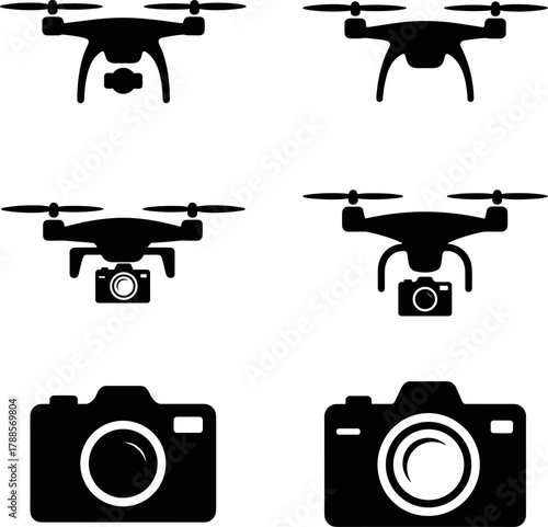 Modern Quadcopter And Digital Camera Black Icons Isolated On White Background Technology Symbols