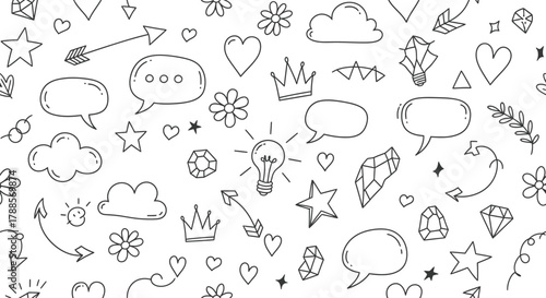 Doodle Icons Seamless Pattern with Stars Hearts Speech Bubbles on Transparent Background