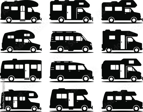 Collection of camper van silhouettes, recreational vehicles, motorhomes, RV travel icons, adventure transport symbols, camping car designs, vacation road trip vehicles