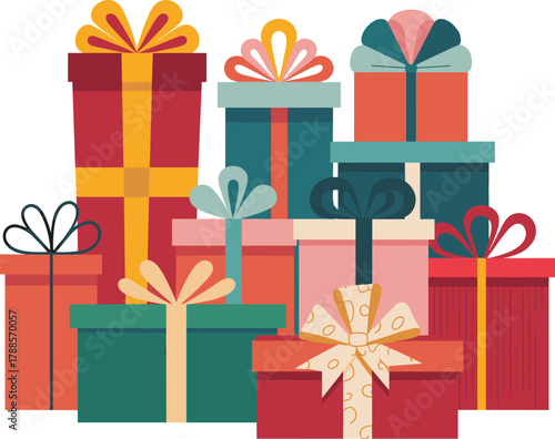Collection of colorful wrapped gift boxes with decorative ribbons and bows for celebration, holiday presents, party events, and festive occasions