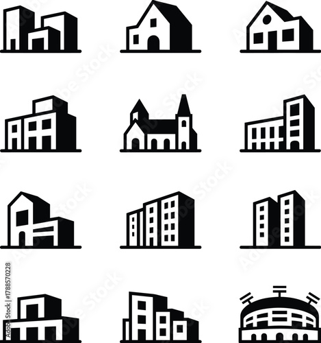 Collection of modern and traditional building icon silhouettes for architecture, construction, real estate, city planning, and urban design projects