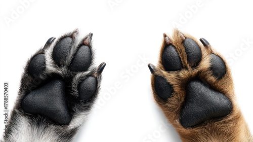 Pair of dog paws, one black and white, the other brown, displayed on a white background