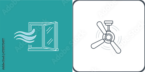 Line art icons of open window ventilation and spinning ceiling fan.