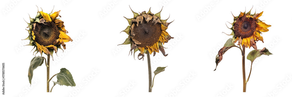 Naklejka premium Wilted sunflowers in various stages, representing the cycle of life and the beauty of decay. The image captures the natural process of change