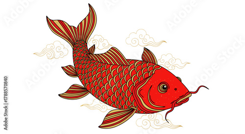Carp fish single line art filled with bright red and gold, festive mood, symbol of luck, Lunar New Year celebration, with copy space