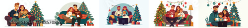 Vector family watching a movie together on Christmas Eve accompanied by a cup of hot chocolate