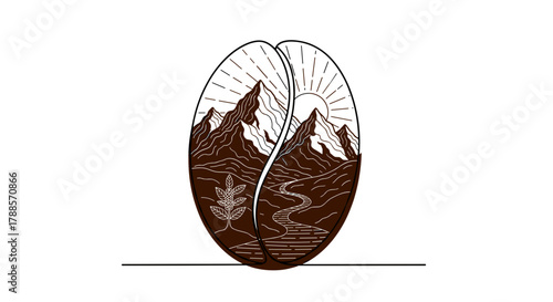 Coffee bean with mountain landscape inside, single line art filled with dark brown, concept of single origin and specialty coffee on white background