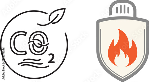 Black Line Carbon Emissions and Orange Fire Shield Icons